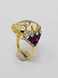Large Yellow Quartz, Diamond, Sapphire & Ruby Ring