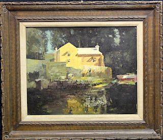 20th C. Painting of a House Near a River, Signed
