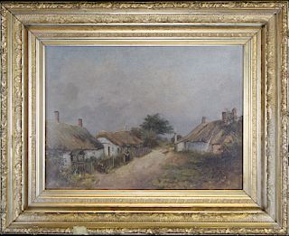 Antique Village Scene Painting with Figure