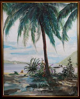 Signed, 1972 Coastal Painting with Palm Trees