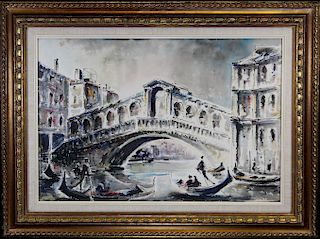 20th C. Signed W/C of Rialto Bridge. Venice, Italy