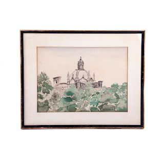 Cúpula de iglesia y árboles. Siglo XX. Acuarela sobre papel algodón. Enmarcado.