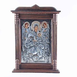 Patricia Rivera. Icono de la Virgen entronada con el Niño y arcángeles Miguel y Gabriel. Elaborado en temple de huevo.
