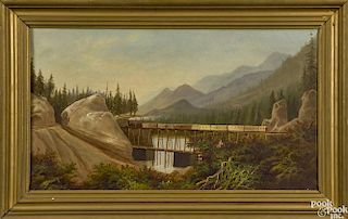 American oil on canvas landscape depicting a steam engine on a trestle bridge