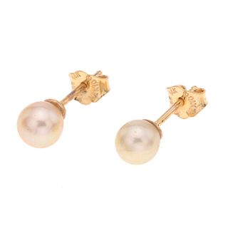 Par de broqueles con perlas en oro amarillo de 14k. 2 perlas cultivadas de 5 mm en color crema. Peso: 1.4g.