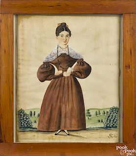 Jacob Maentel (American 1763-1863), watercolor full-length portrait of a woman