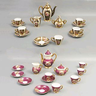 Lote de 2 Juegos de té. Japón. Siglo XX. Servicios para 5 personas. Elaborados en porcelana color marrón y vino.