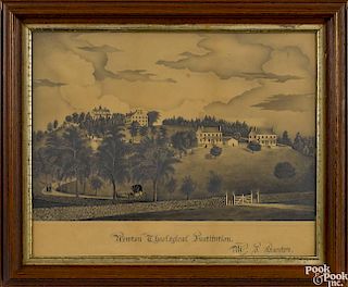 Massachusetts watercolor and pencil view of the Newton Theological Institution, mid 19th c.