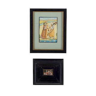 Lote 2 pinturas Anónimo. Origen oriental. Siglo XX. Escenas cotindianas hindúes. Óleo sobre marfilina. Enmarcado en madera.