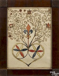 Pennsylvania watercolor fraktur, early 19th c., with a large heart and elaborate tulip branches