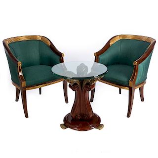 Estancia. SXX. En talla de madera. Decorada con esmalte dorado y elementos orgánicos. Consta de: par de sillones con tapicería verde.