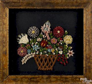 Victorian wool work basket of flowers in a shadow box frame, frame - 21 1/2'' x 23 1/2''.