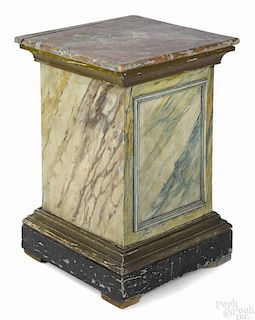 Painted pine pedestal, 19th c., retaining an old marbleized surface, 25 1/2'' h., 17 1/2'' w.