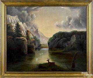 Hudson River School, oil on canvas landscape, 19th c., with stag by a river