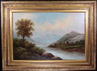 19th C. English Mountain River Landscape, Signed