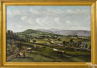 American oil on canvas panoramic townscape, late 19th c., 24'' x 36''.