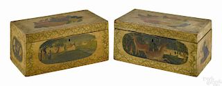Rare pair of New England painted rectangular dresser boxes, mid 19th c., with fitted interiors