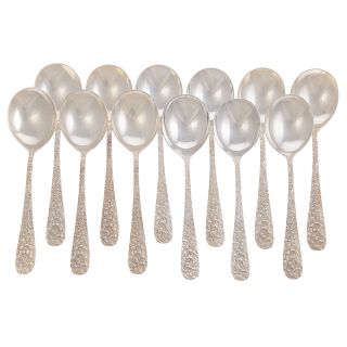 12 Stieff "Rose" Sterling Silver Soup Spoons