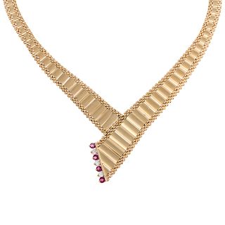 A Ladies Diamond & Ruby Wide 14K Necklace