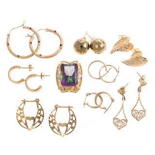 Eight Pairs of Gold Earrings & Mystic Topaz Slide