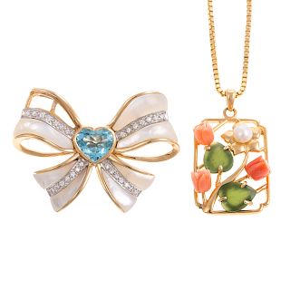 A Ladies Floral Pendant & Bow Pin in 14K