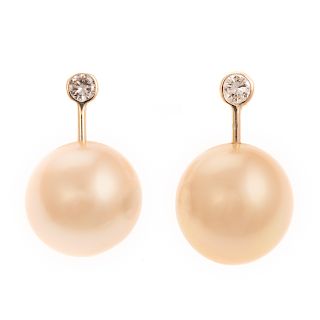 A Pair of Golden South Sea Pearl & Diamond Earrings