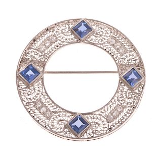 A Ladies Circle Sapphire & Diamond Filigree Brooch