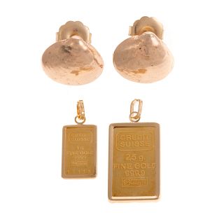 A Pair of 14K Shell Earrings and 2 Ingot Pendants
