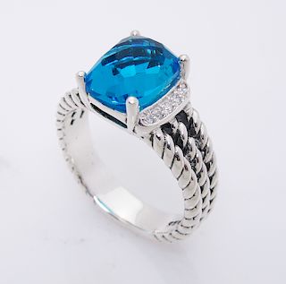David Yurman Wheaton Petite Blue Topaz 0.08tcw Diamond Ring Size 5.5