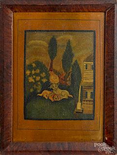 Pennsylvania painted poplar panel, mid 19th c., depicting two dogs playing in front of a house