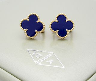 Van Cleef & Arpels 18K Gold Alhambra Lapis Earrings