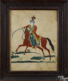 Watercolor on paper of a mounted Turkish horseman, 19th c., probably Pennsylvania