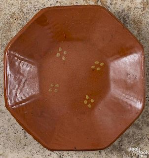 Pennsylvania octagonal redware plate, 19th c., with yellow slip dots, 8 1/4'' dia.