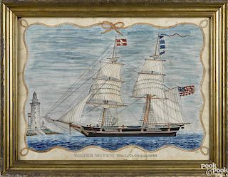 Ink and watercolor ship portrait, 20th c., featuring the USS Witch, Wm. Lull Commander