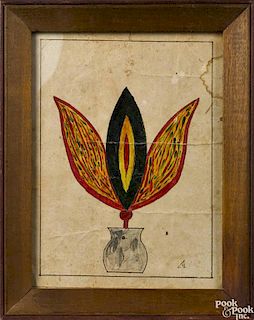 Pennsylvania ink and watercolor drawing of a tulip, 19th c., inscribed verso Adam Weaver