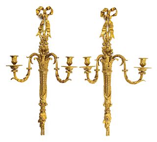 A Pair of Louis XVI Style Gilt Bronze Two-Light Sconces Height 31 inches.