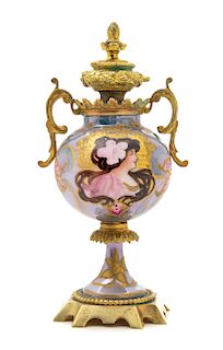 * A Sevres Style Gilt Metal Mounted Porcelain Cabinet Urn Height 6 1/2 inches.