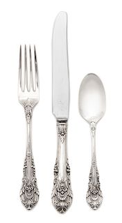 An American Silver Flatware Service, Wallace Silversmiths, Wallingford, CT, Sir Christopher pattern, comprising: 12 dinner knive