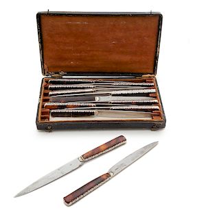 A Set of Silver and Tortoise Shell Steak Knives Length of knife 9 inches.
