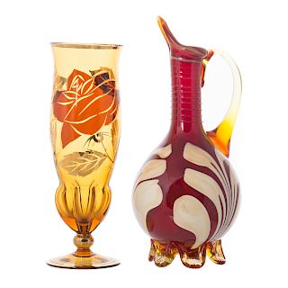 Russian Art Glass Ewer and Czech Glass Vase