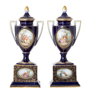 Pair Meissen Style Porcelain Covered Urns