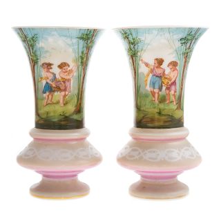 Pr. Continental Paint Transfer Opaline Glass Vases