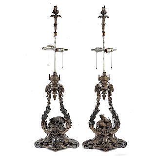 Pair of Continental Silvered Bronze Figural Lamps