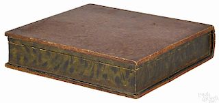Carved and painted pine book-form box, 19th c., with a sponge decorated body