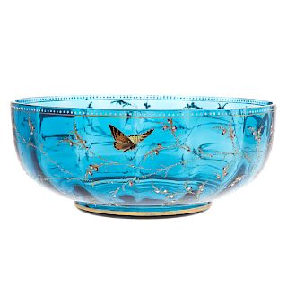 Austrian Light Blue Glass Enamel Decorated Bowl