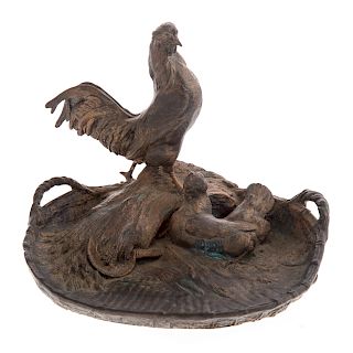 Auguste Cain. Rooster and Hen Bronze Desk Tray