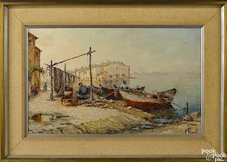 Paula Font (French 1882-), oil on board impressionist harbor scene, titled Fisherman at Martiques
