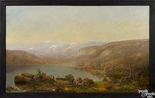 Frederick A. Butman (American 1820-1871), oil on canvas landscape depicting a lake with mountains