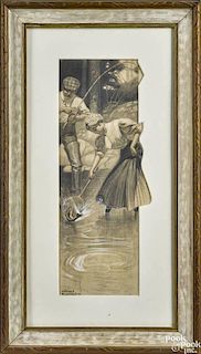 Herman Rountree (American 1878-1944), pencil and gouache illustration of a man and woman fishing