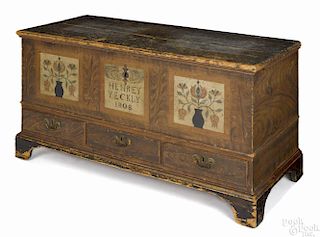 Dauphin County, Pennsylvania painted pine dower chest, decorated by John Seltzer, dated 1808